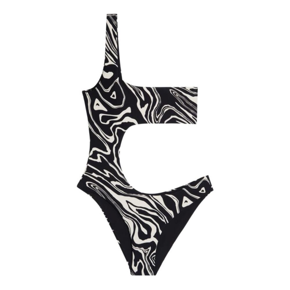WeWoreWhat One Shoulder Cut Out One Piece Black and White Swimsuit Medium New
